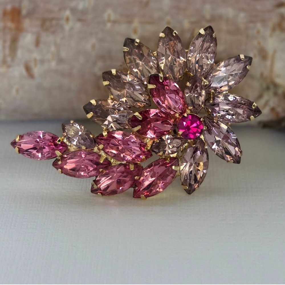 Vintage Rhinestone Brooch Pink Marquise Floral Spray Cluster